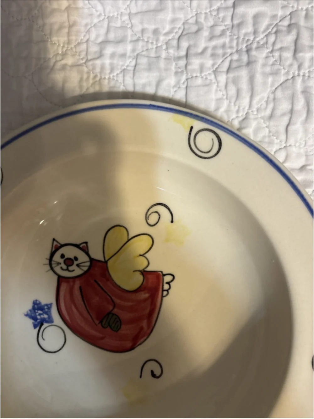 Vintage Emerson Creek Pottery Whimsical Angel Cat Bowl 1990s. (1098)